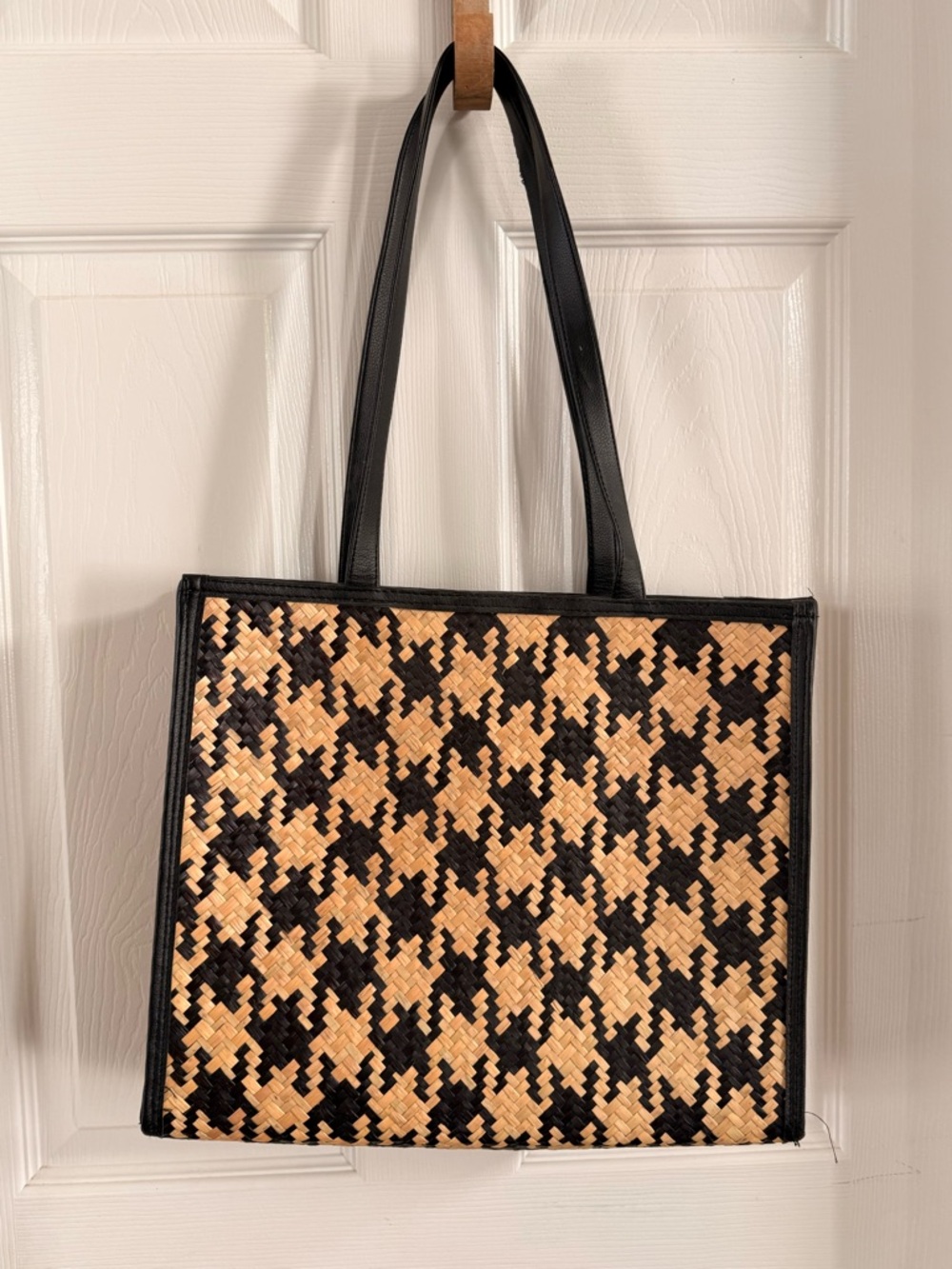 Woven Houndstooth Tote Bag in Black and Natural